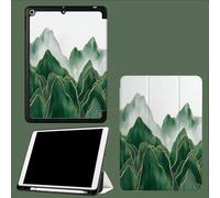 Case for iPad 10th Generation Case with Pen Holder 2022, Soft Silicone Protective Cover for 10.9 inch, Auto Sleep/Wake, Two Folding Angles Golden Lines Cartoon Mountains 1-Green