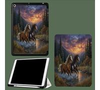 Case for iPad 10th Generation Case with Pen Holder 2022, Soft Silicone Protective Cover for 10.9 inch, Auto Sleep/Wake, Two Folding Angles Horses Galloping In The Stream Sunset Animals-Green