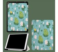 Case for iPad 10th Generation Case with Pen Holder 2022, Soft Silicone Protective Cover for 10.9 inch, Auto Sleep/Wake, Two Folding Angles Blooming Water Lilies Frogs Hand-Drawn Illustrations-Green
