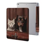 Case for iPad 9.7 Inch 2017/2018 (5th / 6th Generation) with Pen Holder,Cat And Dog Sitting in Leather Pocketprinted Slim Lightweight Silicone Tri-fold Stand Protective Case for iPad Air1 /Air 2 with