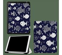 Case for iPad 9th/8th/7th Gen with Pencil Holder, Slim Stand Smart Case with Soft TPU Back Cover, Auto Sleep/Wake for iPad 10.2 Inch 2021/2020/2019 Cartoon Fish School Lines Animals-Dark Blue