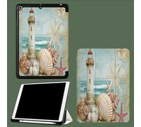 Case for iPad 9th/8th/7th Gen with Pencil Holder, Slim Stand Smart Case with Soft TPU Back Cover, Auto Sleep/Wake for iPad 10.2 Inch 2021/2020/2019 Retro Lighthouse Shell-Blue