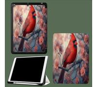 Case for iPad 9th 8th 7th Generation 10.2 Inch Case (2021/2020/2019 Model, iPad 9/8/7), Flexible TPU Back Cover, with Pencil Holder, Auto Wake/Sleep Cardinal Peach Blossoms Branches-Red