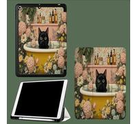 Case for iPad 9th/8th/7th Generation 2021/2020/2019 10.2 Inch with Pencil Holder, Soft TPU Back & Tri-fold Stand Protective, Auto Wake/Sleep In The Bathtub The Cat Watercolor Flowers-Pink
