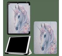 Case for iPad 9th/8th/7th Generation 2021/2020/2019 10.2 Inch with Pencil Holder, Soft TPU Back & Tri-fold Stand Protective, Auto Wake/Sleep Romance Flowers Horses Fairy Tales Animals-White
