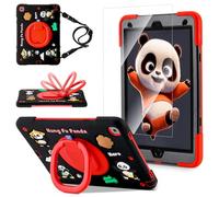 Case for iPad 9th/8th/7th Generation,Cute 3D Cool Panda Warrior Design Cover with Screen Protector, Rugged Protective Cartoon Case with Stand/Strap/Pen Slot for iPad 10.2 Kids Teens (Black+Red)