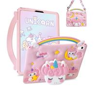 Case for iPad A16 11th / 10th Gen 10.9-Inch, 3D Unicorn Kickstand | Cute Kawaii Cartoon Cover with Kickstand, Shoulder Strap & Carry Handle, Soft Silicone Shockproof Protective Case, Pink