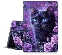 Case for iPad (A16) 11th Generation 11 Inch 2025/10th Generation 10.9 Inch 2022 PU Leather Smart Protective Cover with Auto Sleep/Wake for iPad 11/10 Gen,Black Cat Purple Roses