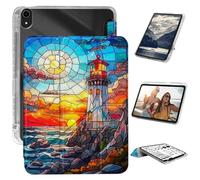 Case for iPad (A16) 2025 (11th Gen), for iPad 10.9 Case 2022 (10th Gen) with Pencil Holder, Slim Trifold Stand Clear Hard Back Protective Folio Cover with Auto Wake Sleep, Glass Sunset Lighthouse