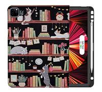 Case for iPad Air 13 Inch 2024/iPad Pro 12.9 Inch 2020-2022, Premium PU Leather Folio Stand Shell TPU Cover, Auto Wake/Sleep for iPad Pro 6th/5th/4th, Cat on Bookshelf