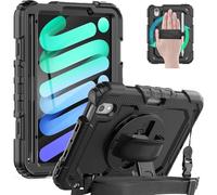 Case for iPad mini 7 (A17 Pro) / Mini 6 8.3 Inch 2024/2021 with Shoulder Strap Pencil Holder, iPad mini 7th/6th Gen W/ 360 Rotating Hand Strap&Stand, Heavy Duty Drop-Proof Cover for Kids, Black