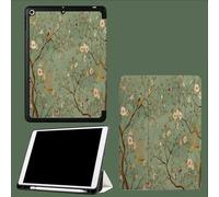 Case for iPad Pro 11 Inch 2024 (M4 5th Generation) with Pencil Holder,Retro Branches Flowers China Oil Painting Slim Flexible TPU Back Shockproof Protective Cover,Auto Wake/Sleep-Sage Green