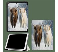 Case for iPad Pro 11 Inch 5th Generation M4 2024 with Pencil Holder Auto Sleep/Wake, Slim Trifold Soft TPU Back Protective Cover Snow Scene Highland Cattle-White