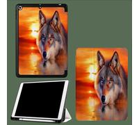 Case for iPad Pro 12.9 inch 2022 2021 2020 Auto Wake/Sleep,TPU Smart Cover Tri-fold Stand with Pencil Holder Cover for iPad Pro 6th 5th 4th Generation Sunset Ocean Wild Animal Wolf-Orange