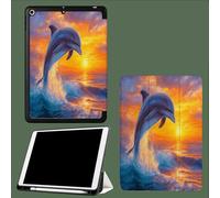 Case for iPad Pro 12.9 Inch 6th/5th/4th Generation 2022/2021/2020, Soft TPU Protective Case with Pencil Holder,Auto Wake/Sleep Cartoon Dolphin Sunset Sea View-Orange