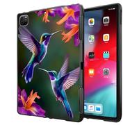 Case for iPad Pro 12.9 Inch (6th/5th Generation 2022/2021) Ultra-Thin Slim Lightweight Shockproof Black TPU Silicone Protective Back Shell Cover for Kids Women,Hummingbird Flowers