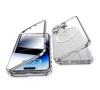 Case for iPhone 14 Pro Max, Jonwelsy 360 Degree Double-sided Protection Compatible with Magsafe Magnetic Adsorption Metal Bumper Front Tempered Glass Back Frosted PC Cover for 14 Pro Max 6.7" (Silver)