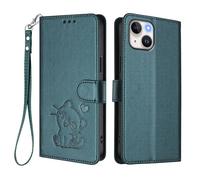 Case for iPhone 14 Wallet PU Leather Flip Cover Embossed Lovely Cat Pattern Design Kick Stand Case with Card Slots Hand Strap Phone Holster for iPhone 14 - Dark Green