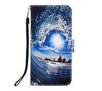 Case for iPhone 16 Plus, 3D Painted Shock-Absorption Wallet Folio Flip PU Leather Cover with Card Holder Slot Money Pouch Kickstand Magnetic Closure Notebook Protective Skin Wave & Sun
