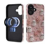 Case for iPhone 16 Plus [Compatible with MagSafe], Glossy Soft Silicone + Hard PC Anti-Scratch Shockproof Protective 2-in-1 Case for Women Men - Cute Ghosts in Pink Flower