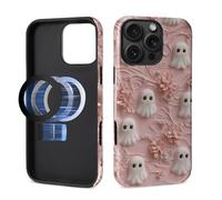 Case for iPhone 16 Pro Max [Compatible with MagSafe], Glossy Soft Silicone + Hard PC Anti-Scratch Shockproof Protective 2-in-1 Case for Women Men - Cute Ghosts in Pink Flower