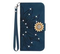 Case for iPhone 16 Pro Women Glitter Bling Diamond Case with Cards Slot Cash Pockets Embossed Sunflower PU Leather Shockproof Flip Wallet Cover for iPhone 16 Pro Inky blue