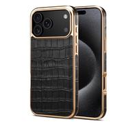 Case for iPhone 17 Air, Plating Edge Genuine Cowhide Leather Embossed Crocodile Pattern Business Luxury Elegant Classic Slim Shockproof Anti-Scratch Cover, Black