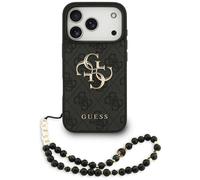 Case For iPhone 17 Pro Guess Faux Leather Gray Big Logo Gold Chain