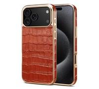 Case for iPhone 17 Pro Max/17 Pro/17 Air/17, Plating Edge Genuine Cowhide Leather Embossed Crocodile Pattern Business Luxury Elegant Classic Slim Shockproof Cover (Brown, 17)