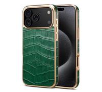 Case for iPhone 17 Pro Max/17 Pro/17 Air/17, Plating Edge Genuine Cowhide Leather Embossed Crocodile Pattern Business Luxury Elegant Classic Slim Shockproof Cover (Green, 17)