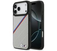 Case For iPhone 17 Pro Max BMW MagSafe Faux Leather Gray Tricolor Logo Metal