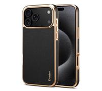 Case for iPhone 17 Pro Max, Design Premium Litchi Grain Genuine Leather Luxury Electroplated Ultra Slim Soft Anti-Slip Shockproof TPU Frame, Black