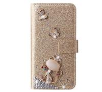 Case for iPhone 17 Pro Max, Glitter PU Leather Handmade Bling Sparkly Diamonds Buckle Gems Pink Bow Wallet Phone Cases Protective Cover with Stand Card Slots Magnetic for iPhone 17 Pro Max Golden