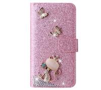 Case for iPhone 17 Pro Max, Glitter PU Leather Handmade Bling Sparkly Diamonds Buckle Gems Pink Bow Wallet Phone Cases Protective Cover with Stand Card Slots Magnetic for iPhone 17 Pro Max Pink