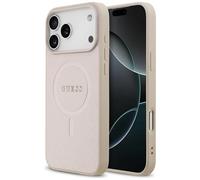 Case For iPhone 17 Pro Max Guess Faux Leather Embossed Pink Logo Gold MagSafe