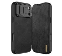 Case for iPhone 17, Sliding Camera Lens Protection Vintage PU Leather Slim Fit Fiber Lining Durable Shockproof Full Body Protective Cover with Card Holder, Black