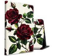 Case for Kindle Fire HD 8 Tablet (8th / 7th / 6th Generation - 2018, 2017 and 2016 Release) Red Roses with Green Leaves Theme PU Leather Smart Stand Protective Cover for Fire HD 8 2018 Tablet