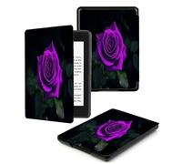 Case for Kindle Voyage - [The Thinnest and Lightest] Protective PU Leather Cover with Auto Sleep/Wake (will only fit Kindle Voyage 2014) Purple Green Leaf Rose