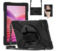 Case for Lenovo Tab 10.1 Inch 2025 TB-311FU/TB-311XU，Durable Shockproof Hard PC 360 Degree Rotating Kickstand and Shoulder Strap, Silicone Protection Case for Family/Child (Black)