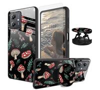 Case for Motorola Moto G Power 2025 with Telescopic Kickstand+Screen Protector Film,Tempered Glass Back Cover Soft TPU Bumper Protective Case for Moto G Power 2025,Mushrooms Leaves and Moths