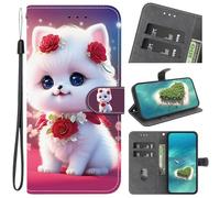 Case for Nokia C21, Magnetic Protective PU Leather Shockproof Wallet Stand Foldable Flip Cover with Kickstand Card Holders for Nokia C21,Rose Cat
