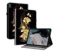 Case for Nokia T20 Stand Protective Cover with Card Slots Gold Flower Butterfly Pattern Soft TPU Bumper Slim Folio Tablet Cover for Nokia T20 TA-1392 TA-1394 TA-1397 10.36 inch