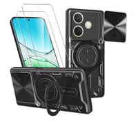 Case for OPPO A5 Pro 4G/5G + 2 Pack Screen With Slide Camera Protection Cover,Magnetic Metal Ring Kickstand Shockproof Military Grade Heavy Duty Tough Cover,Black