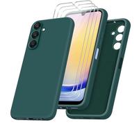 Case for Samsung Galaxy A15 5G/4G with Three Tempered Glass Screen Protector, Green Soft Liquid Silicone Protective Case for Samsung Galaxy A15