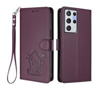 Case for Samsung Galaxy S21 Ultra Wallet PU Leather Flip Cover Embossed Lovely Cat Pattern Design Kick Stand Case with Card Slots Hand Strap Phone Holster for Galaxy S21 Ultra - Dark Purple
