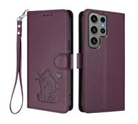 Case for Samsung Galaxy S23 Ultra Wallet PU Leather Flip Cover Embossed Lovely Cat Pattern Design Kick Stand Case with Card Slots Hand Strap Phone Holster for Galaxy S23 Ultra - Dark Purple