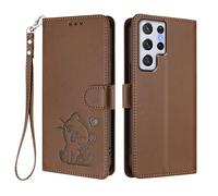 Case for Samsung Galaxy S24 Ultra Wallet PU Leather Flip Cover Embossed Lovely Cat Pattern Design Kick Stand Case with Card Slots Hand Strap Phone Holster for Galaxy S24 Ultra - Brown