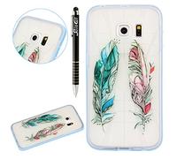 Case for Samsung Galaxy S6 Edge,Cover for Samsung Galaxy S6 Edge,Silicone Case for Samsung Galaxy S6 Edge,SainCat Case Transparent Pattern Ultra Slim Fit 2in1 Silicone Clear Crystal Cover Bumper Protective Shell for Samsung Galaxy S6 Edge,Butterfly Flowers Patterned Painted Elegant Creative Cases Covers anti-scratch + A Stylus Pen for Samsung Galaxy S6 Edge(green feather).