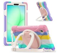Case for Samsung Galaxy Tab A11 8.7 inch 2025 SM-X135G/130 Tablet，Durable Shockproof Hard PC 360 Degree Rotating Kickstand and Shoulder Strap, Silicone Protection Case for Family/Child (Rainbow)