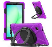 Case for Samsung Galaxy Tab A11 8.7 inch 2025 SM-X135G/130 Tablet，Durable Shockproof Hard PC 360 Degree Rotating Kickstand and Shoulder Strap, Silicone Protection Case for Family/Child (Purple)